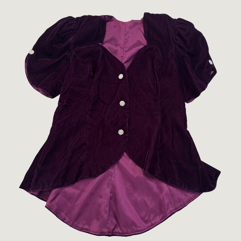 Women's Purple Velvet Puff Sleeve Rhinestone Button Formal Jacket Blazer Appr L